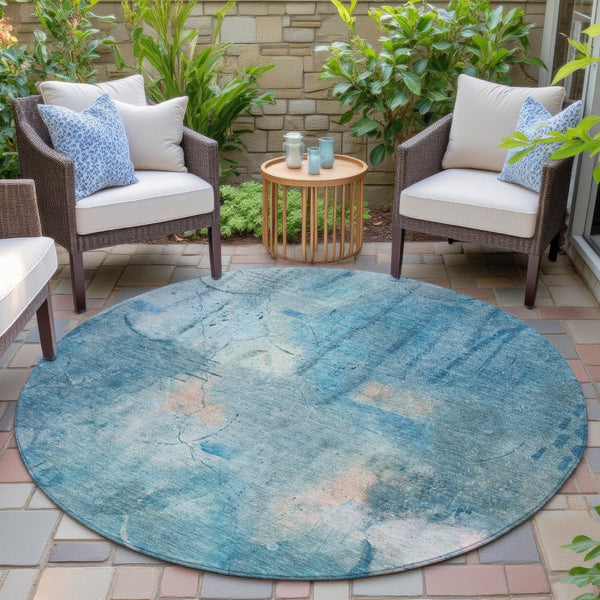 HomeRoots 8' Blue and Beige Round Abstract Area Rug - Machine Washable, Durable for Indoor & Outdoor Spaces 629727