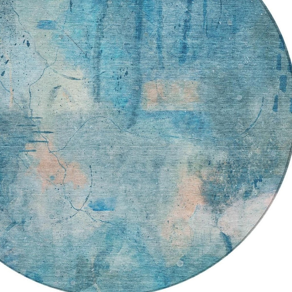 HomeRoots 8' Blue and Beige Round Abstract Area Rug - Machine Washable, Durable for Indoor & Outdoor Spaces 629727