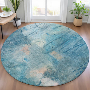 HomeRoots 8' Blue and Beige Round Abstract Area Rug - Machine Washable, Durable for Indoor & Outdoor Spaces 629727
