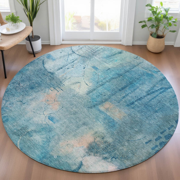 HomeRoots 8' Blue and Beige Round Abstract Area Rug - Machine Washable, Durable for Indoor & Outdoor Spaces 629727