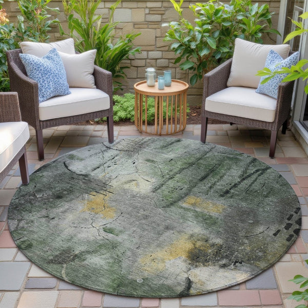 HomeRoots 8' Contemporary Pewter and Gold Round Abstract Area Rug - Washable, Stain-Resistant, Indoor/Outdoor Use 629733