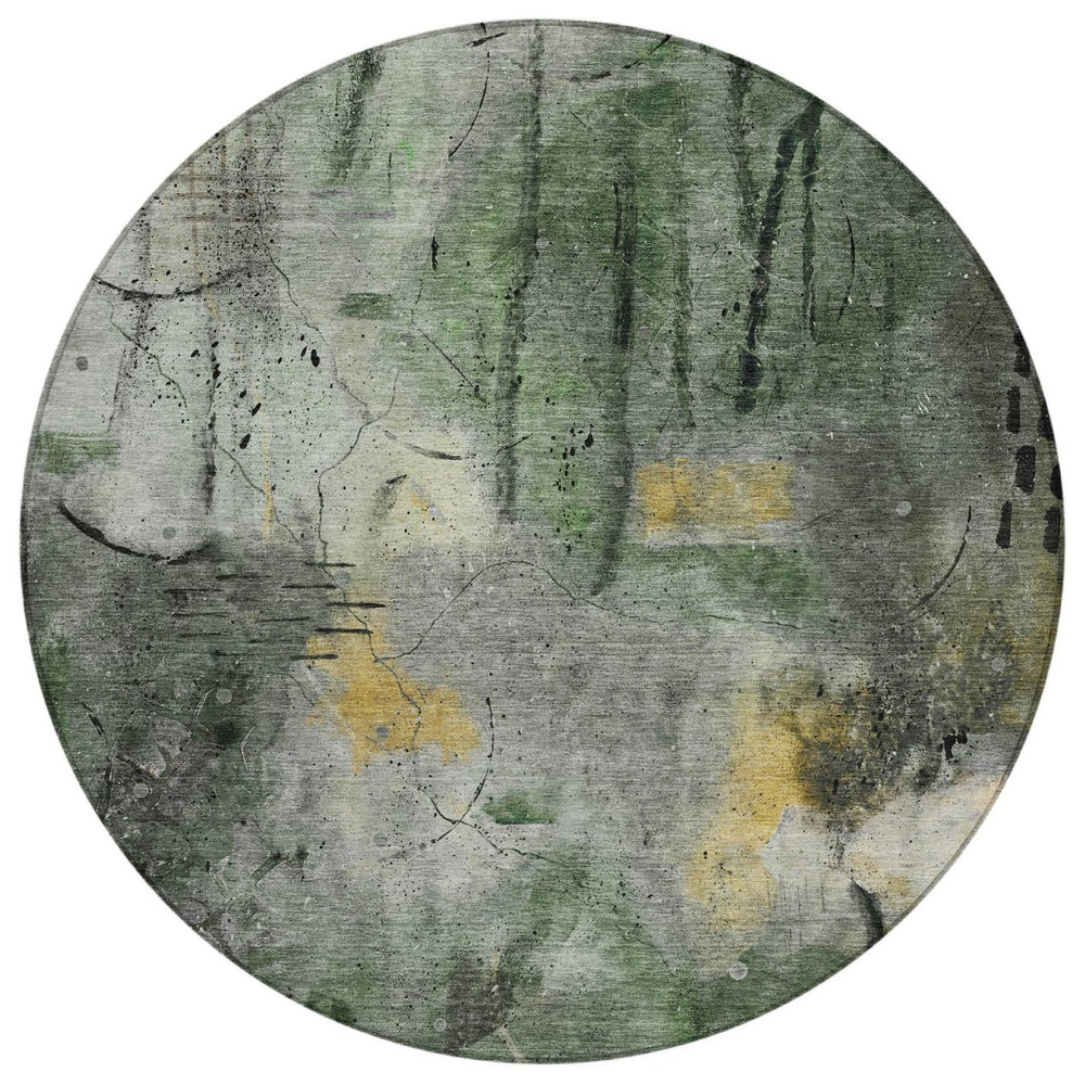HomeRoots 8' Contemporary Pewter and Gold Round Abstract Area Rug - Washable, Stain-Resistant, Indoor/Outdoor Use 629733
