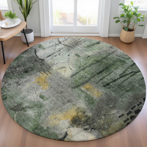 HomeRoots 8' Contemporary Pewter and Gold Round Abstract Area Rug - Washable, Stain-Resistant, Indoor/Outdoor Use 629733