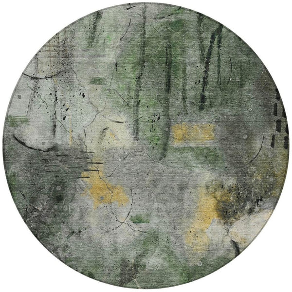 HomeRoots 8' Contemporary Pewter and Gold Round Abstract Area Rug - Washable, Stain-Resistant, Indoor/Outdoor Use 629733