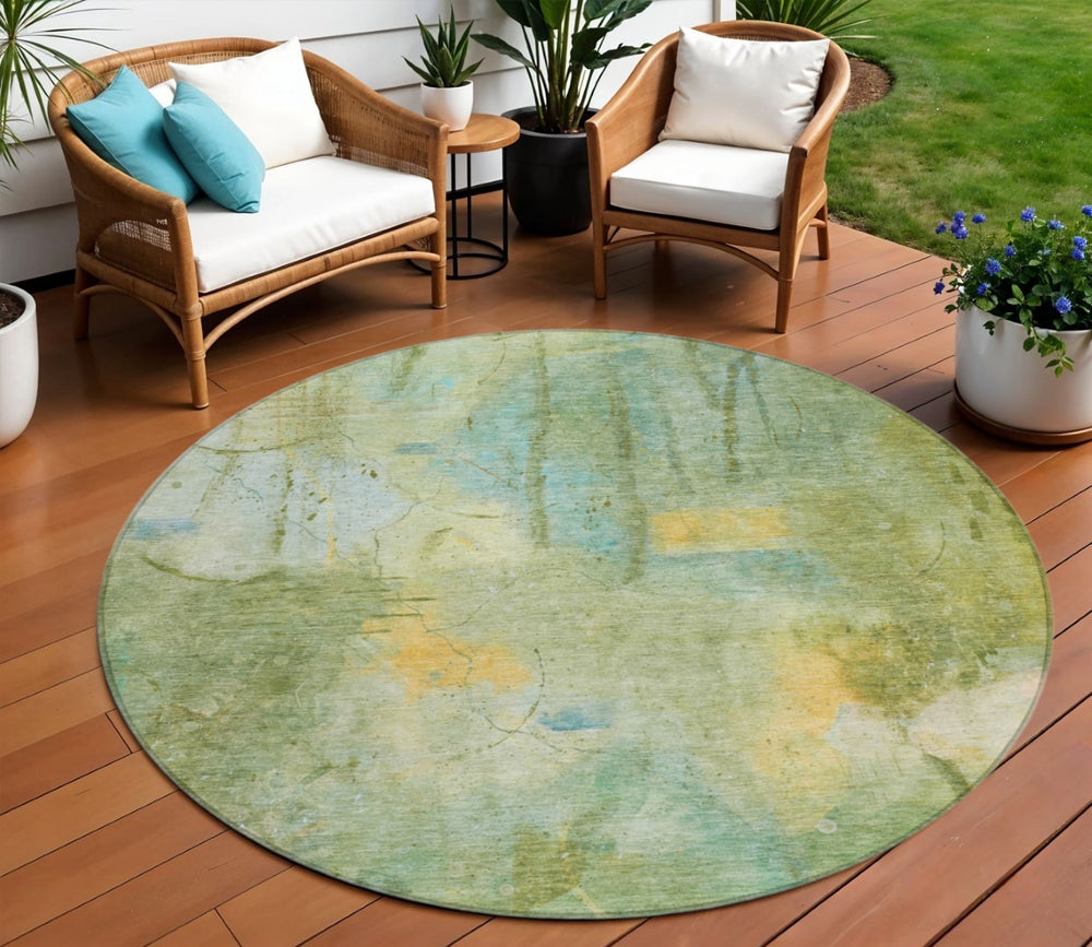 HomeRoots 8' Sage and Gold Round Abstract Area Rug – Washable, Stylish, Durable for Indoor and Outdoor Use 629739