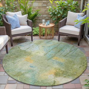 HomeRoots 8' Sage and Gold Round Abstract Area Rug – Washable, Stylish, Durable for Indoor and Outdoor Use 629739