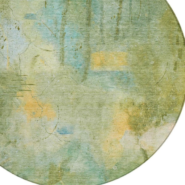 HomeRoots 8' Sage and Gold Round Abstract Area Rug – Washable, Stylish, Durable for Indoor and Outdoor Use 629739