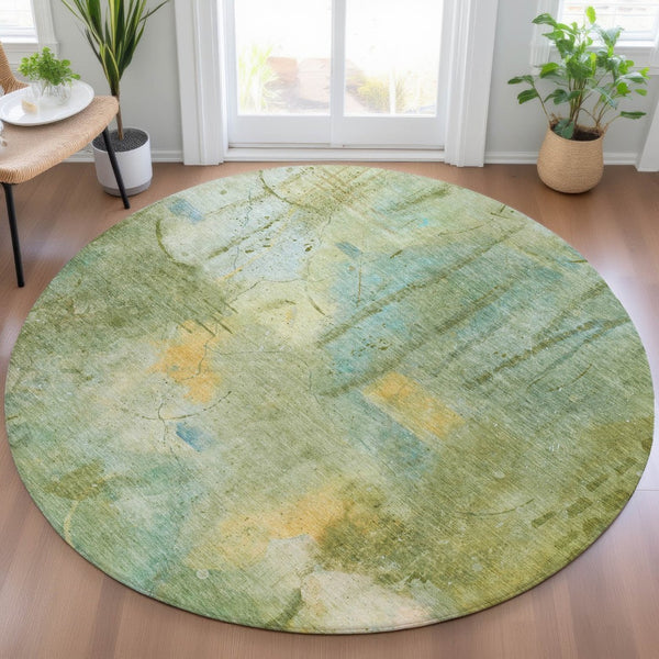 HomeRoots 8' Sage and Gold Round Abstract Area Rug – Washable, Stylish, Durable for Indoor and Outdoor Use 629739