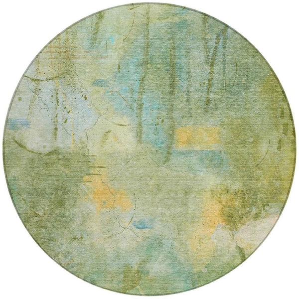 HomeRoots 8' Sage and Gold Round Abstract Area Rug – Washable, Stylish, Durable for Indoor and Outdoor Use 629739