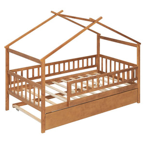 English Elm Twin House Bed with Trundle Solid Pine Frame Walnut Kids Bedroom Sleepover N708P357115L