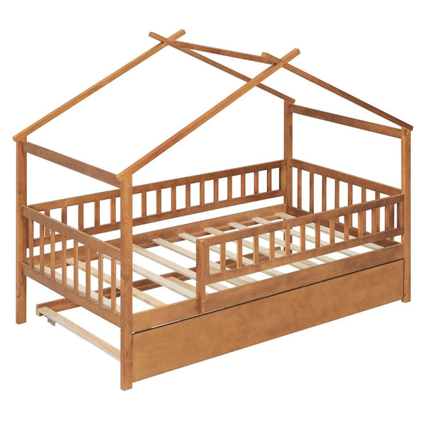 English Elm Twin House Bed with Trundle Solid Pine Frame Walnut Kids Bedroom Sleepover N708P357115L