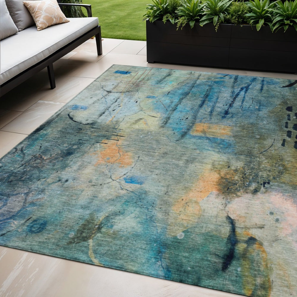 HomeRoots 5' X 8' Teal Blue & Gold Abstract Area Rug - Washable, Stain-Resistant for Indoor & Outdoor Use! 629744