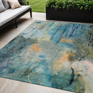 HomeRoots 5' X 8' Teal Blue & Gold Abstract Area Rug - Washable, Stain-Resistant for Indoor & Outdoor Use! 629744