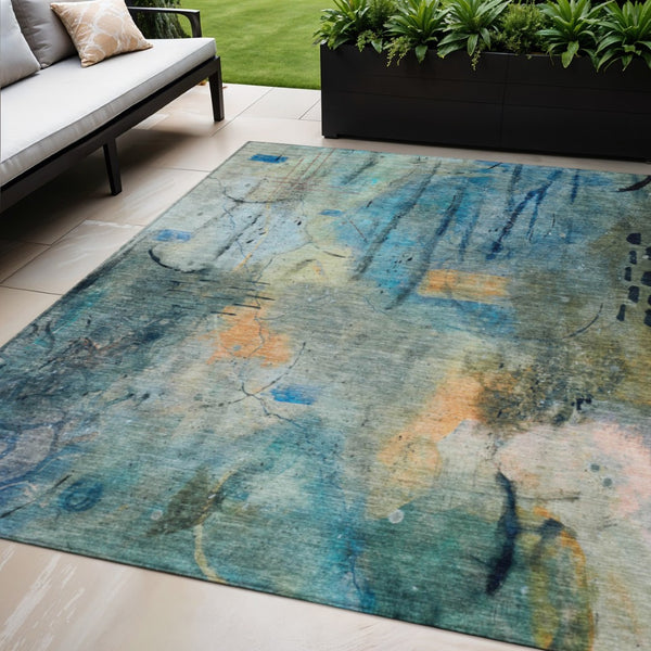 HomeRoots 5' X 8' Teal Blue & Gold Abstract Area Rug - Washable, Stain-Resistant for Indoor & Outdoor Use! 629744
