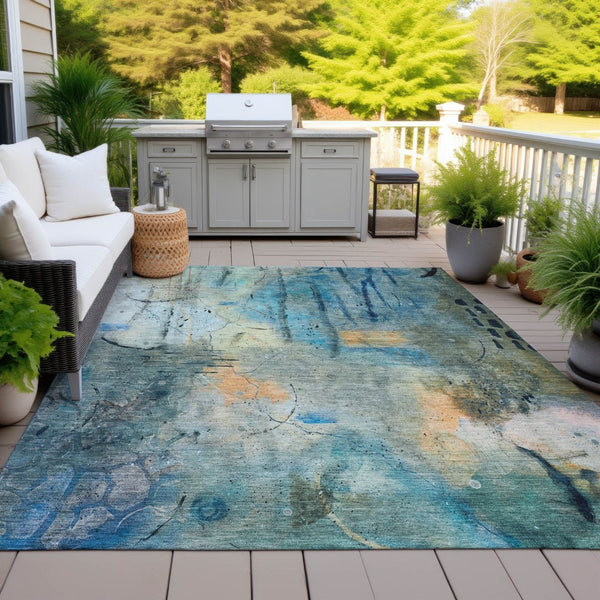 HomeRoots 5' X 8' Teal Blue & Gold Abstract Area Rug - Washable, Stain-Resistant for Indoor & Outdoor Use! 629744