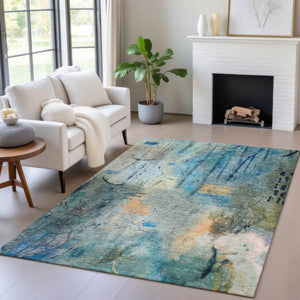 HomeRoots 5' X 8' Teal Blue & Gold Abstract Area Rug - Washable, Stain-Resistant for Indoor & Outdoor Use! 629744