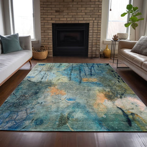 HomeRoots 5' X 8' Teal Blue & Gold Abstract Area Rug - Washable, Stain-Resistant for Indoor & Outdoor Use! 629744