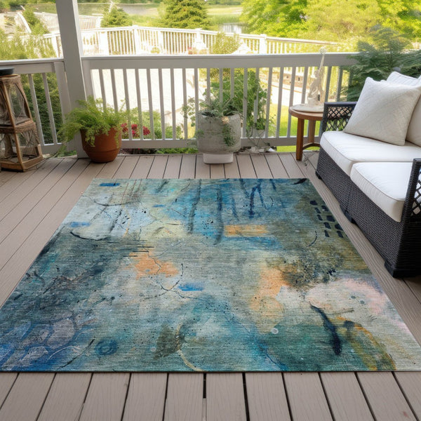 HomeRoots 5' X 8' Teal Blue & Gold Abstract Area Rug - Washable, Stain-Resistant for Indoor & Outdoor Use! 629744