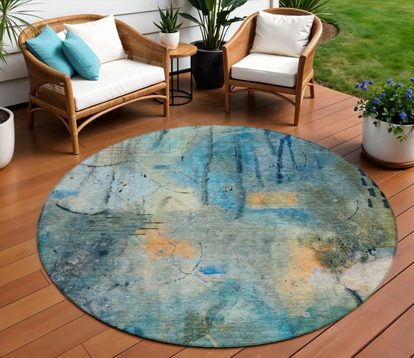 HomeRoots 8' Teal Blue and Gold Round Area Rug - Modern Abstract Design for Indoor & Outdoor Durability 629745