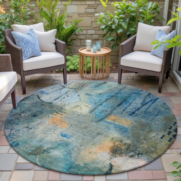 HomeRoots 8' Teal Blue and Gold Round Area Rug - Modern Abstract Design for Indoor & Outdoor Durability 629745