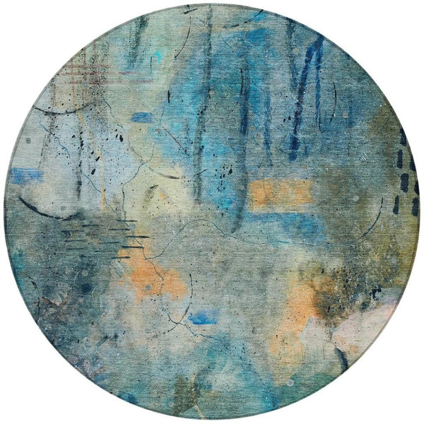 HomeRoots 8' Teal Blue and Gold Round Area Rug - Modern Abstract Design for Indoor & Outdoor Durability 629745
