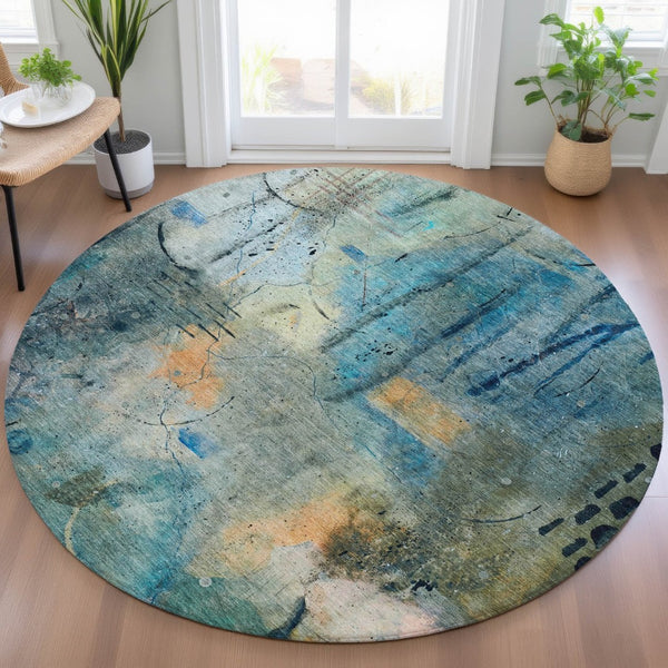 HomeRoots 8' Teal Blue and Gold Round Area Rug - Modern Abstract Design for Indoor & Outdoor Durability 629745