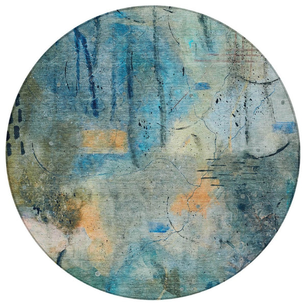 HomeRoots 8' Teal Blue and Gold Round Area Rug - Modern Abstract Design for Indoor & Outdoor Durability 629745