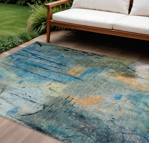 HomeRoots 10' Teal Blue & Gold Abstract Washable Area Rug - Durable Indoor/Outdoor Style for High-Traffic Spaces 629748