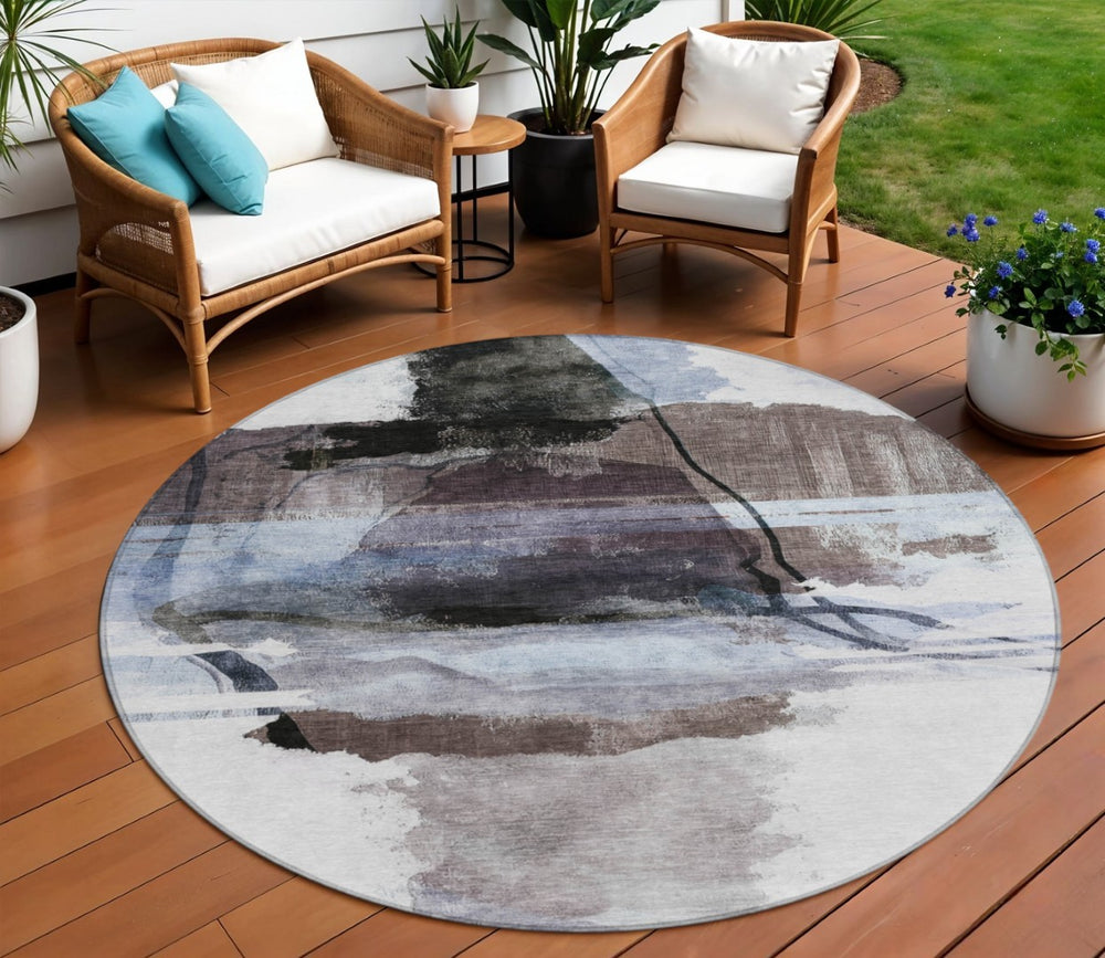 HomeRoots 8' Round Abstract Area Rug in Brown & Ivory – Stylish, Washable, Durable for Indoor & Outdoor Use! 629757