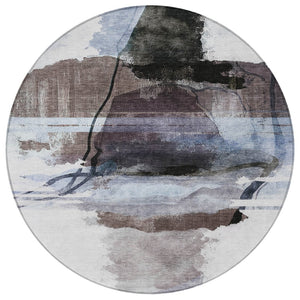 HomeRoots 8' Round Abstract Area Rug in Brown & Ivory – Stylish, Washable, Durable for Indoor & Outdoor Use! 629757