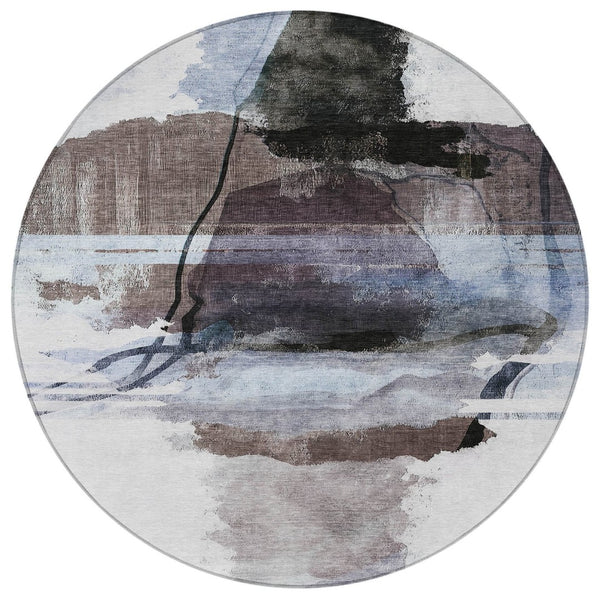 HomeRoots 8' Round Abstract Area Rug in Brown & Ivory – Stylish, Washable, Durable for Indoor & Outdoor Use! 629757