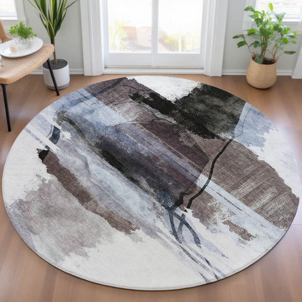 HomeRoots 8' Round Abstract Area Rug in Brown & Ivory – Stylish, Washable, Durable for Indoor & Outdoor Use! 629757