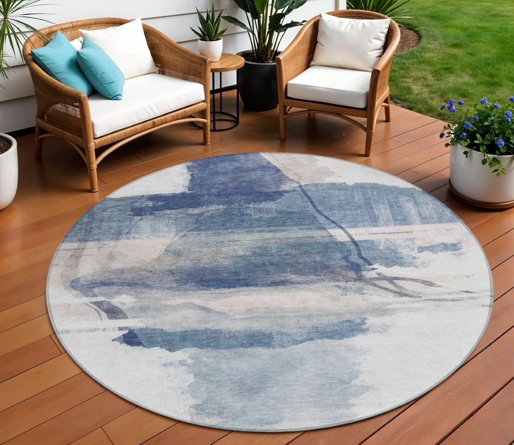 HomeRoots 8' Round Abstract Area Rug in Blue and Ivory – Stylish, Washable, Durable for Indoor & Outdoor Use 629763