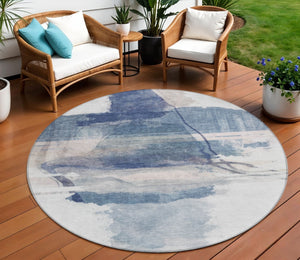 HomeRoots 8' Round Abstract Area Rug in Blue and Ivory – Stylish, Washable, Durable for Indoor & Outdoor Use 629763