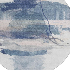 HomeRoots 8' Round Abstract Area Rug in Blue and Ivory – Stylish, Washable, Durable for Indoor & Outdoor Use 629763