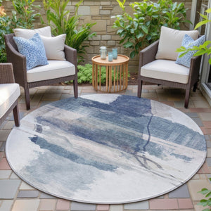 HomeRoots 8' Round Abstract Area Rug in Blue and Ivory – Stylish, Washable, Durable for Indoor & Outdoor Use 629763