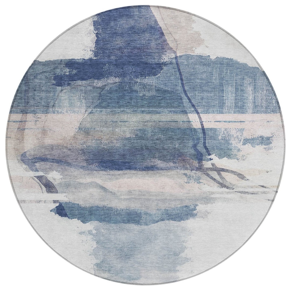 HomeRoots 8' Round Abstract Area Rug in Blue and Ivory – Stylish, Washable, Durable for Indoor & Outdoor Use 629763