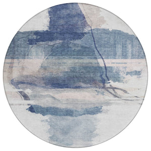HomeRoots 8' Round Abstract Area Rug in Blue and Ivory – Stylish, Washable, Durable for Indoor & Outdoor Use 629763