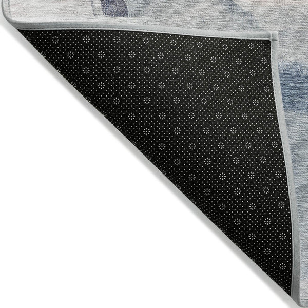 HomeRoots 8' Round Abstract Area Rug in Blue and Ivory – Stylish, Washable, Durable for Indoor & Outdoor Use 629763