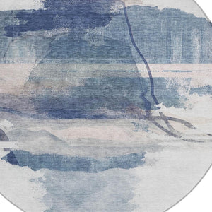 HomeRoots 8' Round Abstract Area Rug in Blue and Ivory – Stylish, Washable, Durable for Indoor & Outdoor Use 629763