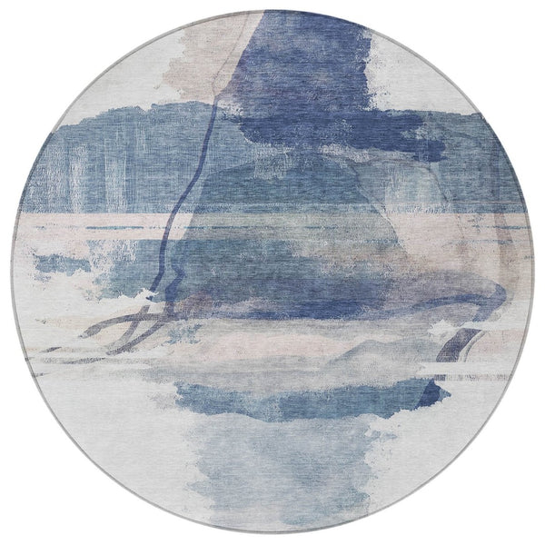 HomeRoots 8' Round Abstract Area Rug in Blue and Ivory – Stylish, Washable, Durable for Indoor & Outdoor Use 629763