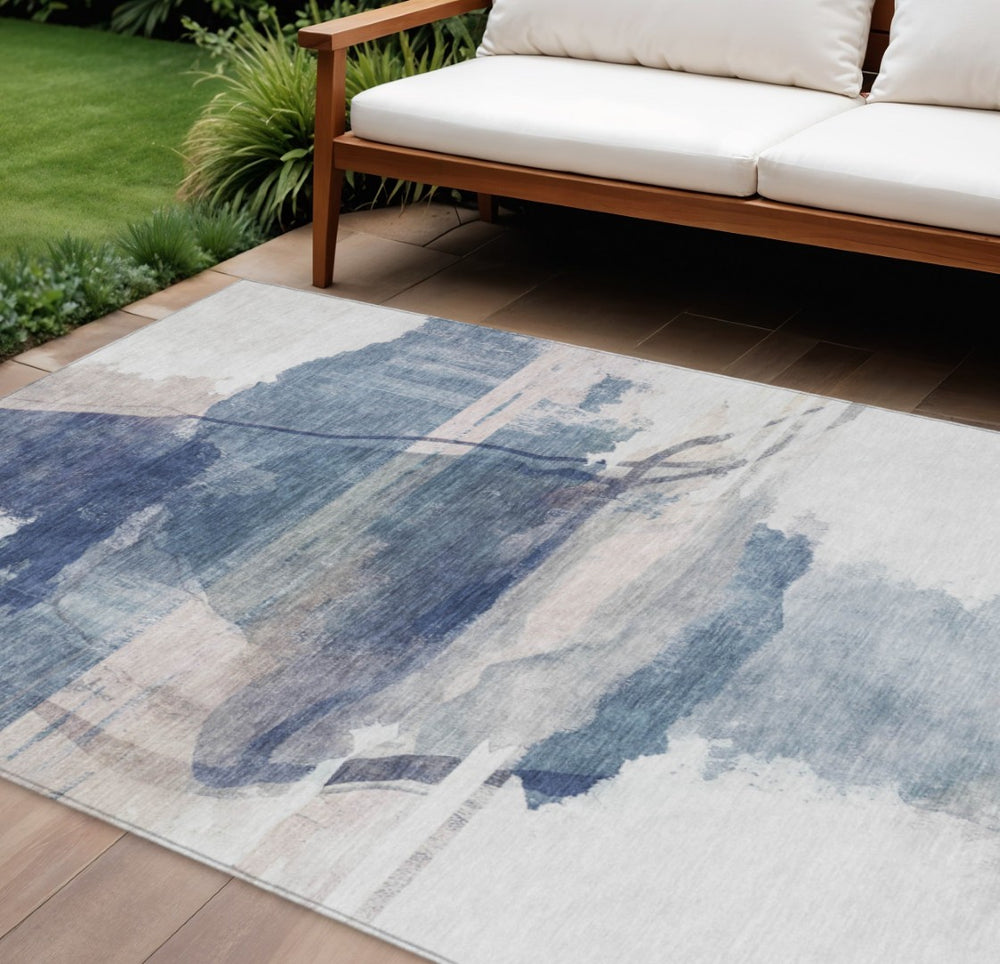 HomeRoots 8' X 10' Blue and Ivory Abstract Area Rug - Stylish, Washable, Indoor/Outdoor, Stain-Resistant Design! 629764