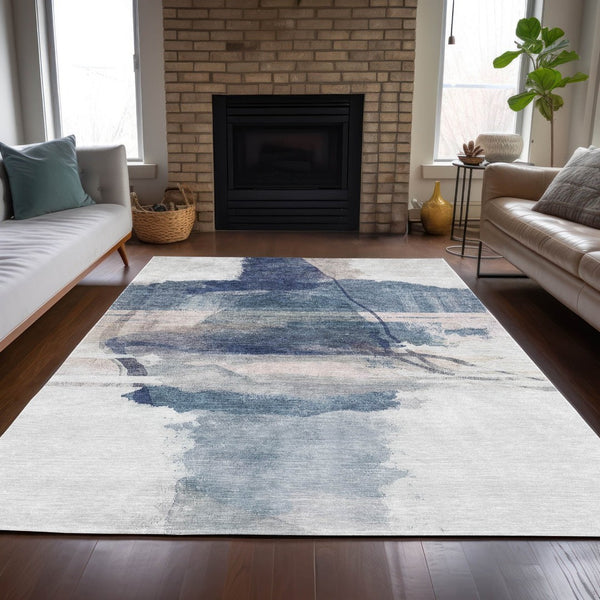 HomeRoots 10' Blue & Ivory Abstract Washable Area Rug – Stylish Indoor/Outdoor Design, Stain Resistant & Non-Slip 629766