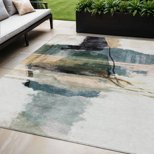HomeRoots 5' X 8' Green and Ivory Abstract Washable Area Rug - Stylish, Durable for Indoor & Outdoor Spaces 629768