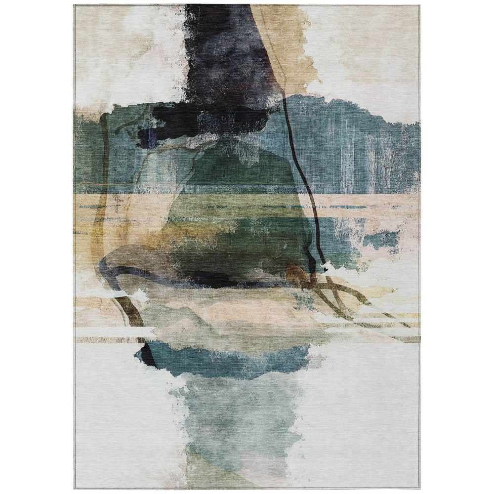 HomeRoots 5' X 8' Green and Ivory Abstract Washable Area Rug - Stylish, Durable for Indoor & Outdoor Spaces 629768