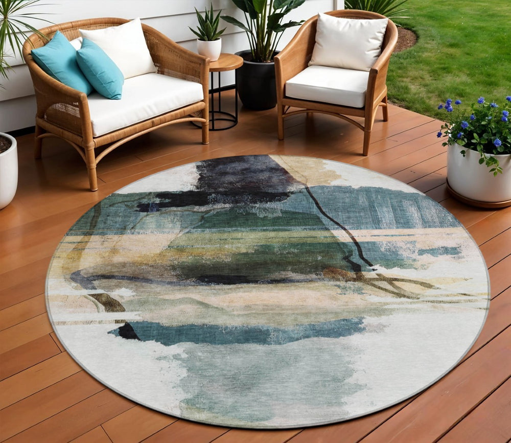 HomeRoots 8' Green and Ivory Round Area Rug – Stylish, Washable, Durable Design for Indoor & Outdoor Use 629769