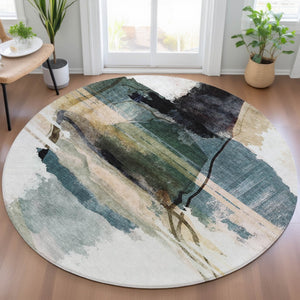 HomeRoots 8' Green and Ivory Round Area Rug – Stylish, Washable, Durable Design for Indoor & Outdoor Use 629769