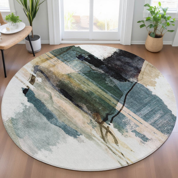 HomeRoots 8' Green and Ivory Round Area Rug – Stylish, Washable, Durable Design for Indoor & Outdoor Use 629769