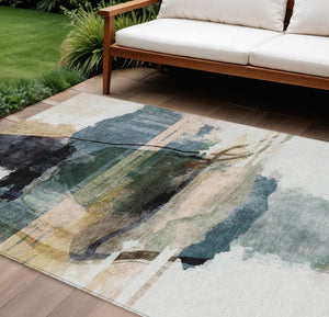 HomeRoots 8' X 10' Green And Ivory Abstract Washable Area Rug - Stylish Indoor/Outdoor, Durable & Easy Care 629770