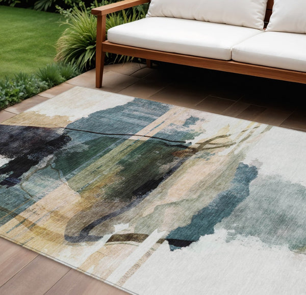 HomeRoots 10' Green & Ivory Abstract Washable Area Rug - Stylish, Durable, Indoor/Outdoor, Easy Maintenance! 629772